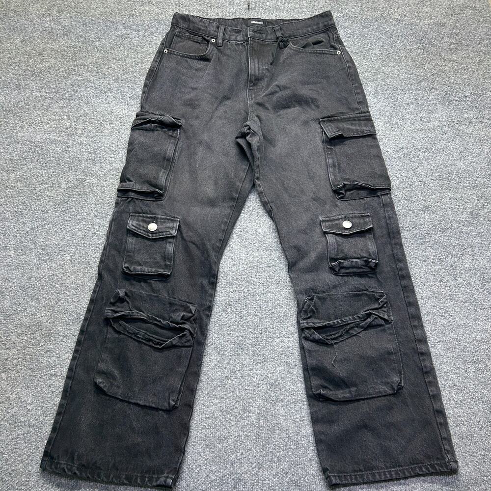Novamen Men's Washed Black Cargo Denim Jeans Streetwear Y2K Utility Size 30